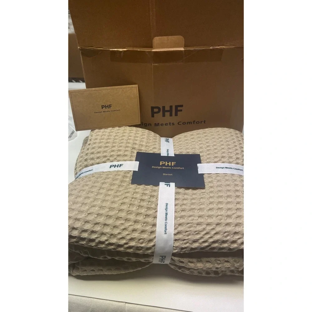 PHF Waffle Weave Blanket Queen 90x90 Khaki Ultra Soft Breathable Cotton Bedding